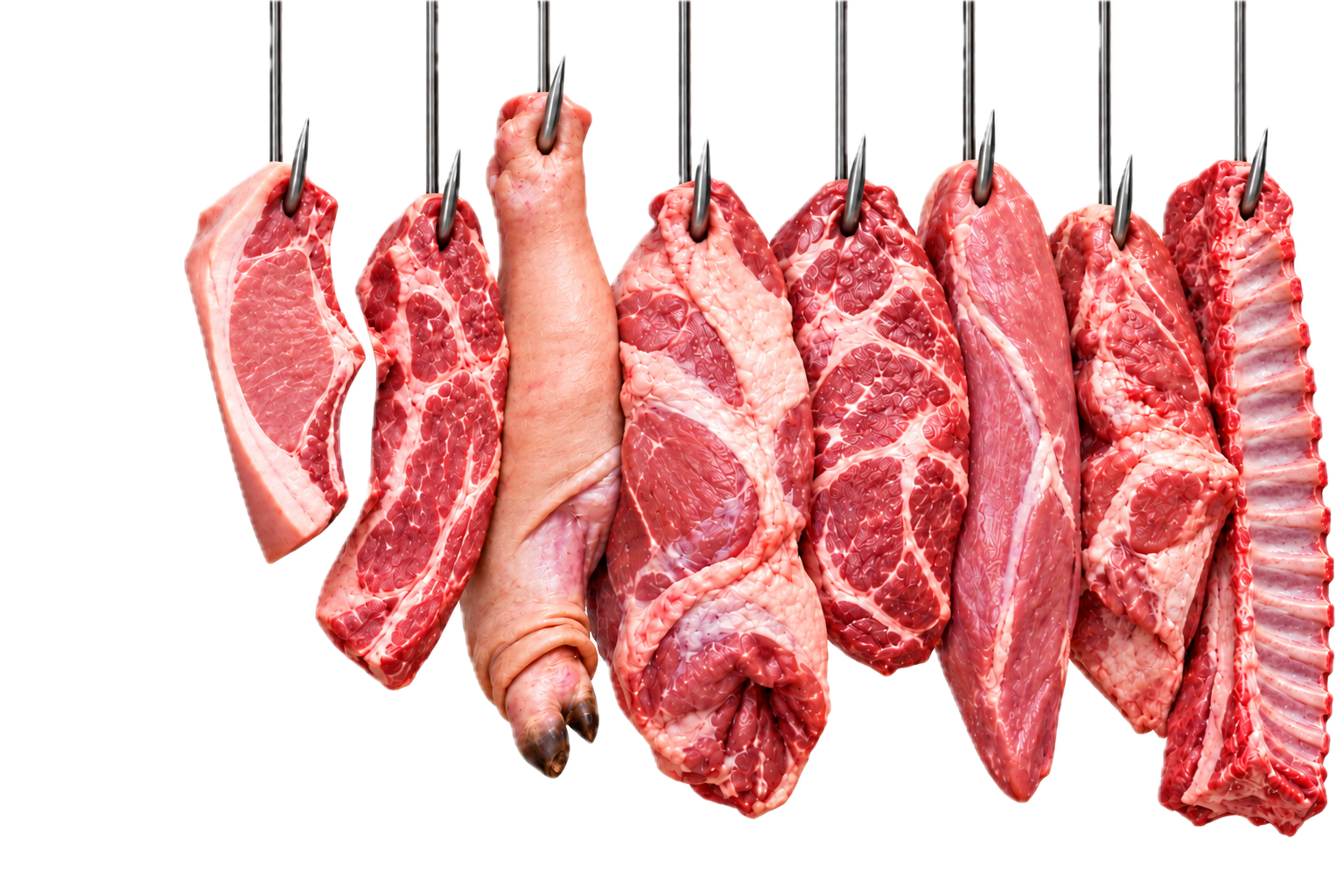 Cortes de cerdo y de res colgados de ganchos de carnicería
